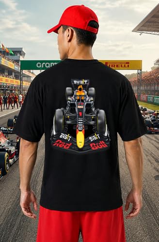 Image of Khakey Men's F1 Racing Graphic Printed Black T-Shirt | Formula 1 Back Print Drop Shoulder Tee | Motorsports Car Print Tshirt for Men & Women | Cotton Streetwear Tee's | Unisex Fit