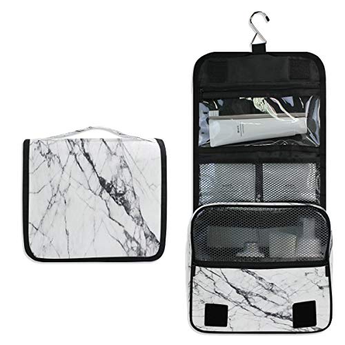 Hanging Toiletry Bag, White Marble Waterproof Quilted Wash Gargle Bag Portable Travel Bathroom