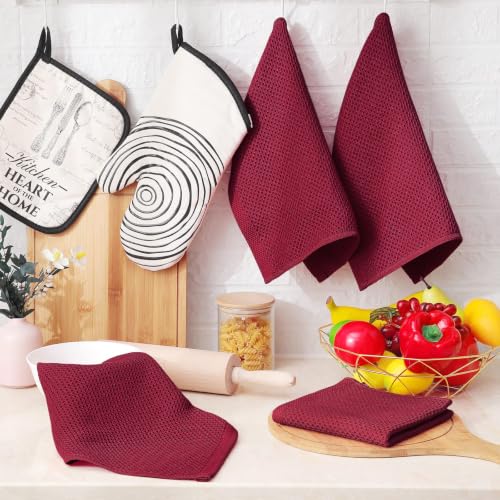 Image of Homaxy 100% Cotton Waffle Weave Kitchen Dish Cloths 6-Pack, Magenta | 12 x 12 Inches, Ultra Soft Absorbent Dish Towels, Quick Drying Dish Rags with Hanging Loop