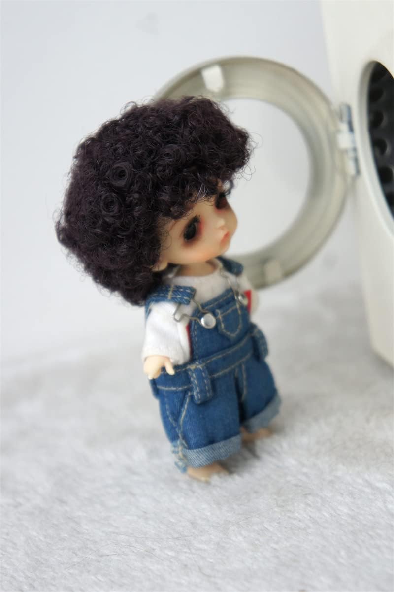 Tiny Doll Wigs JD713 3-4inch 9-10CM Short Afro Tight Curly Synthetic Mohair Lati White BJD Hair (Nature Black SM155)
