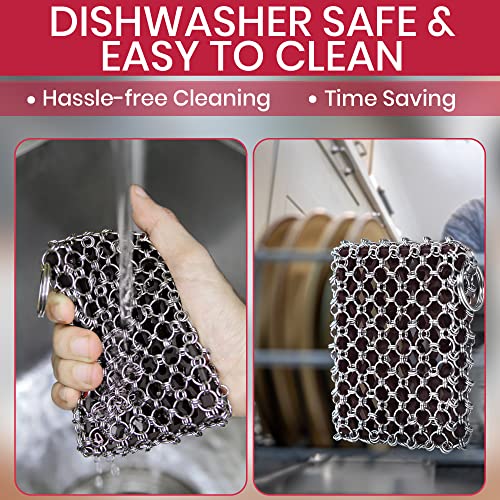 Image of Zylark 316L Cast Iron Scrubber + Scraper Tool - Pan Cleaner Scrubber with Silicone Insert - Cast Iron Cleaning Kit - Chainmail Scrubber for Cookware