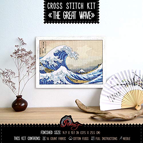 Povitrulya Counted Cross Stitch Kit For Adults ‘The Great Wave Off Kanagawa’ - Hokusai’s Ukiyo-E Japanese Art - Embroidery Set With Pattern Japan Design #TOP5