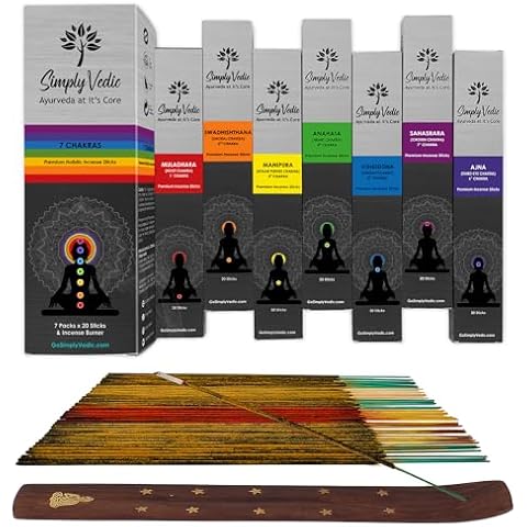 Simply Vedic 7 Chakra Incense Sticks Variety Pack with Holder, Set of 7 (140 Sticks) for Chakra Activation, Healing, Meditation, Yoga, Rituals, Aromatherapy, Energy Cleansing, Natural Handmade Incense Cover