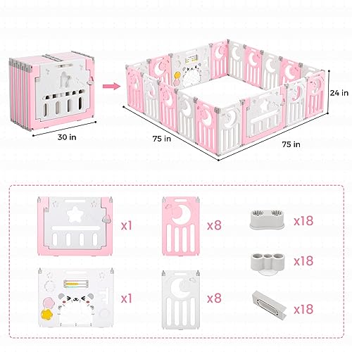 Baby Playpen, Dripex Baby Playard for Babies and Toddlers, 18-Panel Foldable Playpen Adjustable Portable Play Area, Indoor/Outdoor Kids Active Center with Game Panel & Safety Gate, Pink White