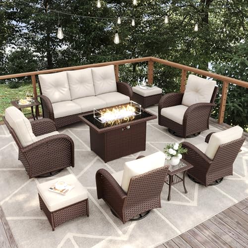 Vakollia 10 Pieces Patio Furniture Sets with Fire Pit Table, Wicker Rattan High Back Outdoor Swivel Rocking Chairs Set with 3-Seat Couch, Ottomans and Side Table