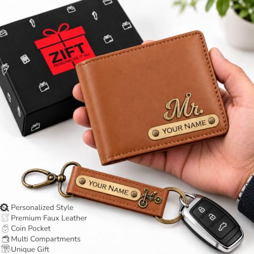 Image of Zift Personalized Name & Charm Leather Wallet & Keychain Gift Set for Men | Custom Name Engraved Wallet with Keychain | Birthday Anniversary Diwali Corporate Gifts for Men (Caramel Tan)