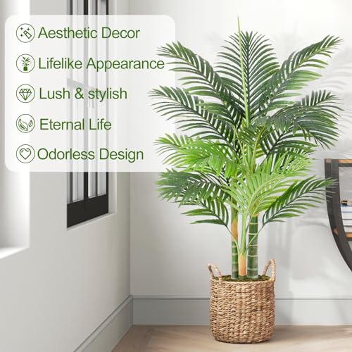 Image of 4ft Triple Golden Cane Palm Artificial Tree 120cm, Large UV-Resistant Tropical Palm Fake Plant Big Size, Perfect for Indoor or Outdoor, Ideal for House Living Room Patio or Office Decor