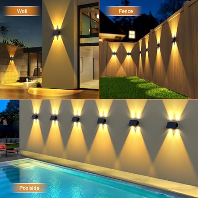 Solar Fence Lights,6Pack Solar Lights Outdoor Warm White + RGB Up & Down Waterproof 100 Lumens Dusk to Dawn Large Solar Wall Lights for Backyard/Pool/Railing/Patio/Porch/Step/Wall