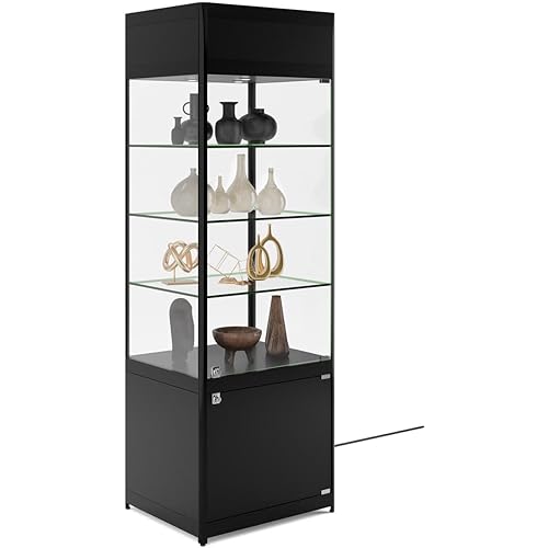 Displays2go 72" Curio Cabinet, 4 Display Levels, LED Top Lighting, Locking Door and Storage Base - Black (SCTWRLD24)
