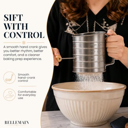 Image of Bellemain Stainless Steel Flour Sifter for Baking with Hand Crank - 3 Cup | Fine Mesh, Silver Color, Double Loop Agitator, Rust Resistant