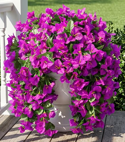 Faux Bougainvillea Artificial Flowers Plants for Outdoors Outside Decoration 2 pcs Purple Fake Flowers UV Resistant Look Real Silk Long Trailing Vines for Front Door Porch Planter Urn Patio Garden
