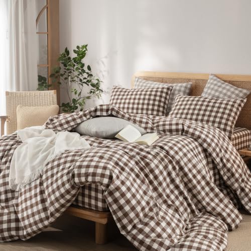 Image of BESTOUCH Gingham Cotton Duvet Cover Set Cocoa Brown Twin | Washed Cotton, Linen Feel, Soft Wrinkle Texture, Hidden Zipper, 8 Ties, Breathable Lightweight Durable Comfy, 2 Pcs No Insert