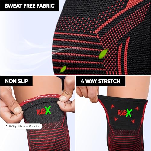 Image of RUBX Active Knee Cap Support for Men & Women | Pain Relief Knee Brace | Anti-Sweat & Comfortable | Compression Knee Supporter for Joint Support, Sports, Gym & Injury Recovery (1 Pair) Red. Medium