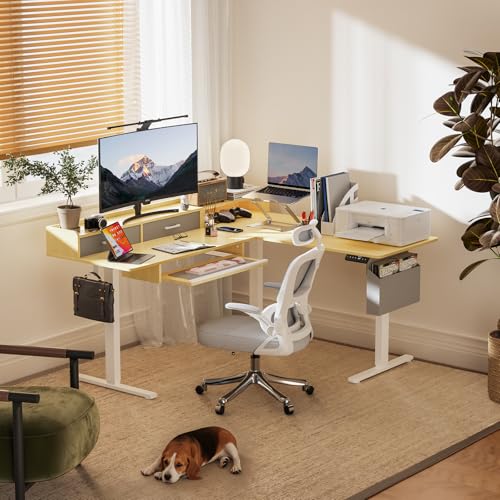 Image of WALKINGDESK 63 Inches L Shaped Standing Desk with Keyboard Tray and 2 Drawers, L Shaped Electric Standing Desk, Adjustable L Shaped Office Desk,Corner Standing Desk for Home Office, Oak