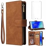 Asuwish Compatible with Samsung Galaxy J3 Orbit J 3 Star 2018 3J Achieve Wallet Case and Tempered Glass Screen Protector Flip Cover Cell Phone Cases for Glaxay J3V V 3rd Gen SM J337A J337V J337 Brown