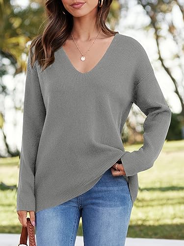 Image of Imily Bela Womens Oversized Deep V Neck Sweaters Sexy Long Sleeve Tunic Sweater Knitted Dressy Pullover Jumper