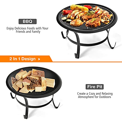 Giantex 22" Outdoor Firebowl, Portable Firepit Bowl With Bbq Grill Mesh Spark Screen Cover, Poker And 2 Log Grates/Grilling Grate And Wood Grate, Wood Burning Fire Pit W/Grilling Handle #TOP1