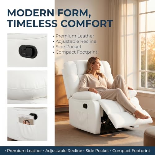 Image of Oversized Recliner Chair, Leather Recliner Adjustable with Side Pockets, Living Room Reclining Lounge Chair for Adults, Small Spaces Comfy Sofa with Theater Seating for Bedroom, Movie,White