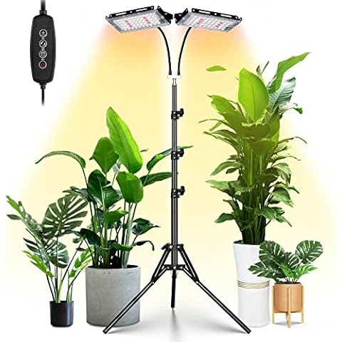 LORDEM Grow Light with Stand, Full Spectrum LED Plant Light for Indoor Plants, 200W Dual Heads Grow Lamp with Auto On/Off Timer, 3 Lighting Modes, 6 Dimmable Levels, Adjustable Tripod 15-63 inches Cover