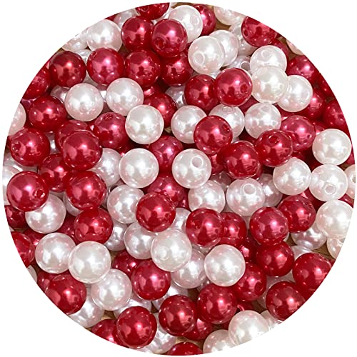 200pcs 10mm Pearl Beads Satin Luste Round Loose Plastic Pearl Craft Beads for Jewelry Making Earring Bracelet Necklace Key Chains Sewing Crafts Decoration (Red/White)