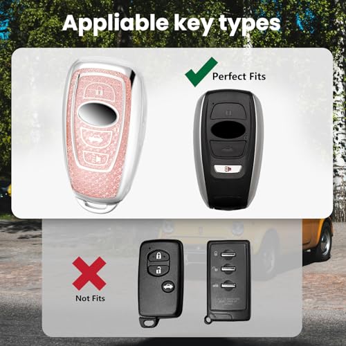 Image of Car Key Fob Cover for Subaru, Rhinestone Wristlet Case, Pink | Wear-resistant TPU shell, non-stretch rhinestone wristlet, daily splash, scratch and drop protection, normal signal use