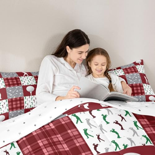 Image of Feelyou Golf Comforter Set King Size Red Plaid Buffalo Check Geometric Bedding Set for Kids Boys Girls Sports Theme Duvet Quilt Bedroom Decor Microfiber 3 Pcs with 2 Pillow Cases