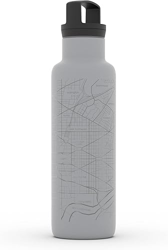 Miniatura 582 de Well Told Botella de agua aislada con mapa Chicago Illinois, grabado de acero inoxidable (21 onzas, gris muelle) botella aislada de mapa