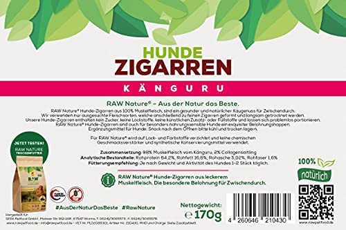 RAW Nature Hunde-Zigarre Känguru PUR 7-Stück - 100% natürliches Hundesnack - Monoprotein - hypoallergen & getreidefrei - luftgetrocknetes Kängurufleisch - Dörrfleisch - hochwertiges Muskelfleisch