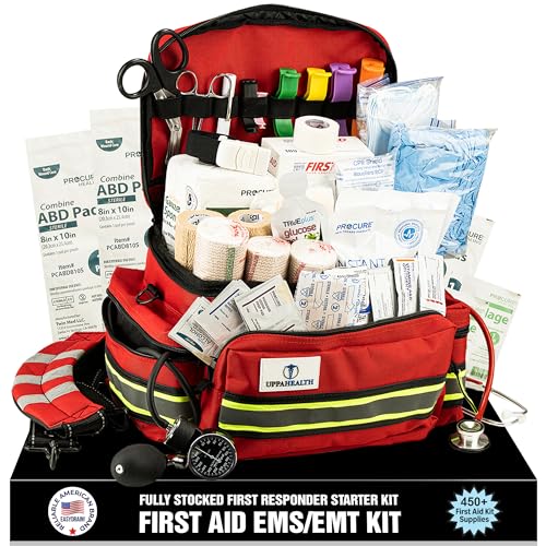 UppaHealth First Responder Fully Stocked Trauma First Aid Kit EMT/EMS Emergency Medical Bag with 450+ Supplies for Home Car Workplace & Camping