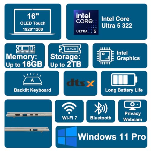 Image of Acer Swift 16 AI Laptop 16 inch 2k WUXGA OLED Touch 100% DCI-P3 Intel 6-core Ultra 5 322 (Up to 46 Tops) 16GB RAM 512GB SSD Backlit Thunderbolt for Creator Designer Business Professional Win11Pro ICP Hub
