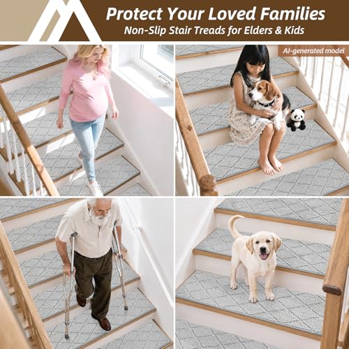 Image of COSY HOMEER Stair Treads for Wooden Steps 11 inchx30 inch Washable Indoor Carpet Stair Treads Non Slip Soft Polyester Stair Carpet Tread Reusable Stair Runner Rugs for Kids, Elders,Pets,Grey,15pcs