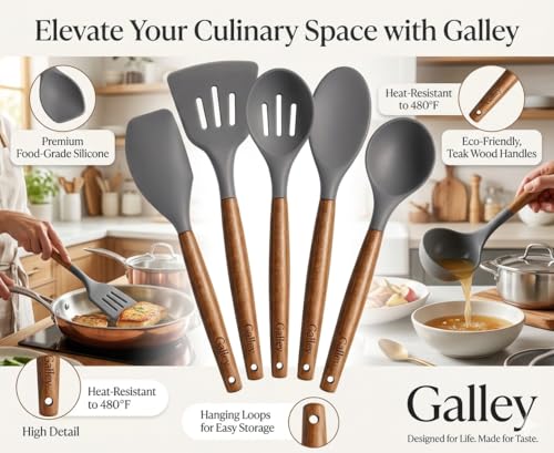 Image of Galley 5PCS Silicone Kitchen Utensil Set with wodden Handel Grey 5 piece