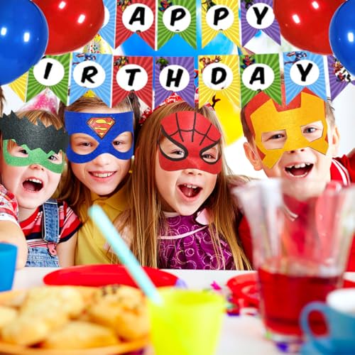 Image of Wanna Party Superhero Birthday Decoration Combo Pack for Boys - 27 Pcs Set with Happy Birthday Banner Balloons and Felt Eye Masks - Party Supplies for Kids Theme Celebration