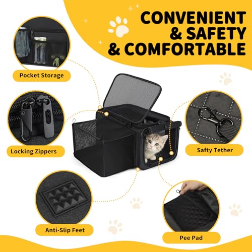 Apollo Walker Cat Carrier Airline Approved Expandable Black | TSA Expandable upper back section, self-locking zipper, supportive base,side storage pockets,multiple carrying options - Image 4