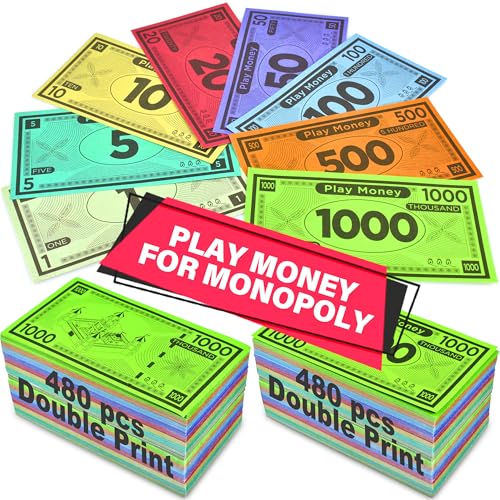 Queensell Play Money Suitable for Monopoly Board Game 480 pcs of 60 Each Bill Denomination Double Sides Printing Paper Money for Pretend Play Cashier Monopoly Money Refill Packs - 480 pcs