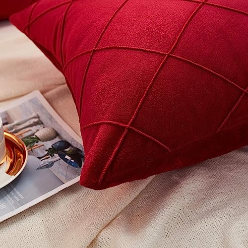 Image of AMICA Luxurious Diamond Pinch Pleated Crystal Velvet Pillowcases Solid Pintuck Throw Cushion Cover for Home Decor Hidden Zipper Closure (Red, 16'' X 24'' Inch)