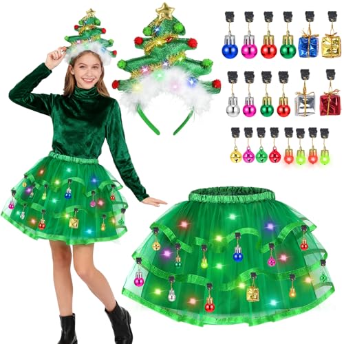 Beipegin Disfraz Arbol Navidad Mujer con Luz LED,Falda Tutú iluminan Diadema Navidad Adornos Navideños Complementos Navideños Disfraces Navidad para Fiestas