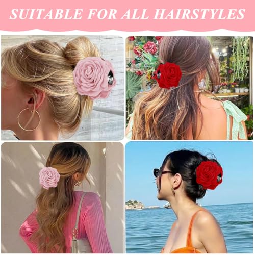 Image of PALAY 2Pcs Rose Hair Claws Clips for Women 3.5 Inch Flower Claw Clips Summer Hawaii Fashion Flower Hair Clips Women Hair Accessories - Pink & Red