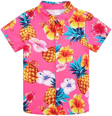 Hawaiian Shirts Boys Girls Size 9 10 Pink Pineapple Flowers Button Down Short Sleeve Blouse Floral Dress Shirt Tops for Son Daughter Granddaughter 9T 10T