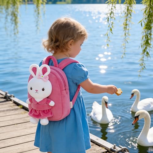 Image of Gloveleya Kids Backpack Girl Backpack Toddler Girl Backpacks with Stuffed Bunny Toy Rose Red 9''