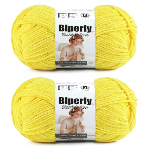 Image of Skinny Chenille Yarn for Crocheting, #2 Yellow Baby Blanket Plush Yarn | 2 Pack of 158 Yds, 1.7 Oz Sport Fingering Weight Fine Yarn, Soft Fluffy Velvet Yarn for Crochet knitting Blankets, Amigurumi