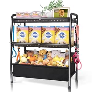 Large Dog Toy Basket Metal with Dog Storage Organizer, Dogs Toys Bin Box with Collar Leash Holder Hook, Dogs Toys Holder Chest Pet Storage Cabinet for Living Room