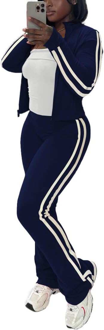 HBQ Women's 2 Piece Sweatsuit Sets Zip Up Crop Tops and Flare Pants Casual Striped Tracksuit Jogger Loungewear Set