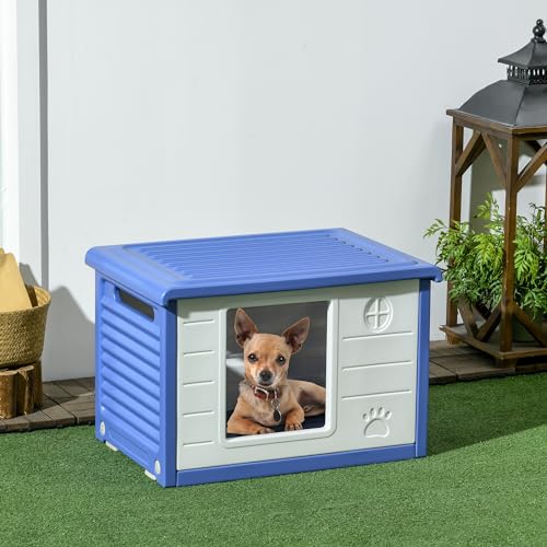 PawHut Hundehütte für den Außenbereich, aus Kunststoff, Haus für Hunde, mit Belüftungsöffnungen, wasserbeständig, Zwinger, Maße: 60 x 42 x 40 cm, Blau und Weiß
