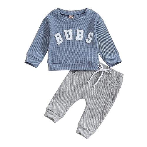 Image of BeQeuewll Fall Winter Baby Boy Clothes Waffle Knit Outfit Set Letter Sweatshirt Solid Pants Infant Toddler Clothes for Boys