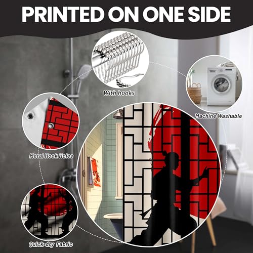 Image of Anime Shower Curtain Japanese Black and Red Asian Cool Shower Curtains for Mans Bathroom Decor Sets, Waterproof Cloth Fabric with Hooks, 70x72 Inch