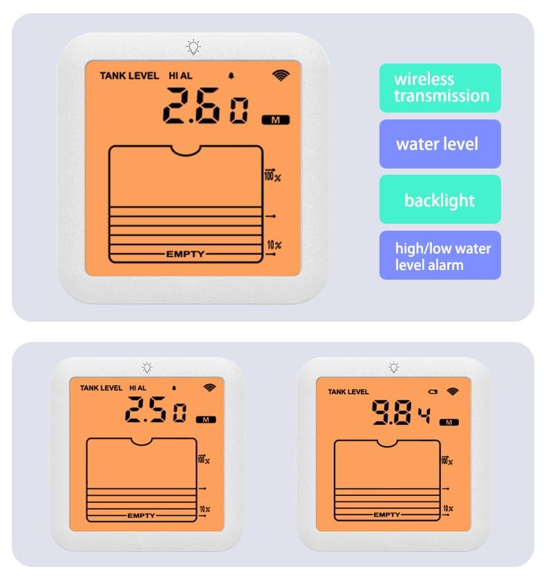 Digitales Wasserstandsmessgerät mit Hintergrundbeleuchtung, 1-5 m Messbereich, akustisches Alarm bei hohem/niedrigem Füllstand, Übertragungsreichweite bis 100 m, für Tanküberwachung