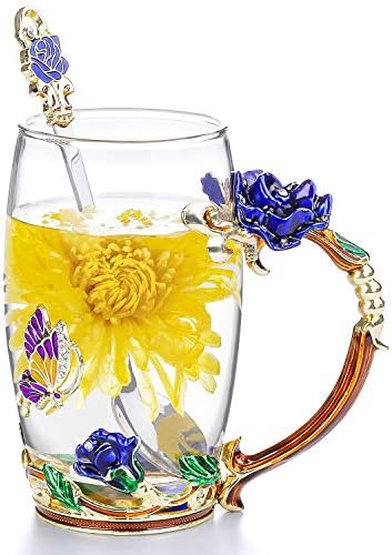 COAWG 330ML Tea Cup Glass Coffee Mugs, Handmade Rose Flower Butterfly Tea Mug with Spoon Gift for Birthday Wedding Christmas