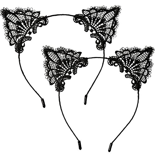 Hotop Cat Headband Lace Ear Headbands Cat Ear Hairband for Women Girls, 2 Piece (Black)