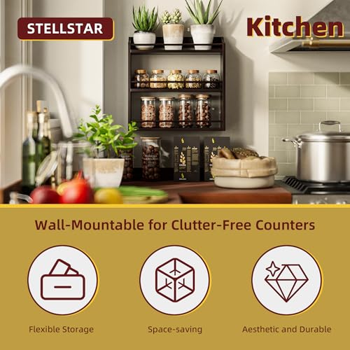 STELLSTAR 3 Tier Bamboo Wood Spice Rack, Seasoning Bottles Jars Organizer Shelf for Spices or Craft Supplies, Kitchen Counter or Wall Mounting (Brown) - Image 5